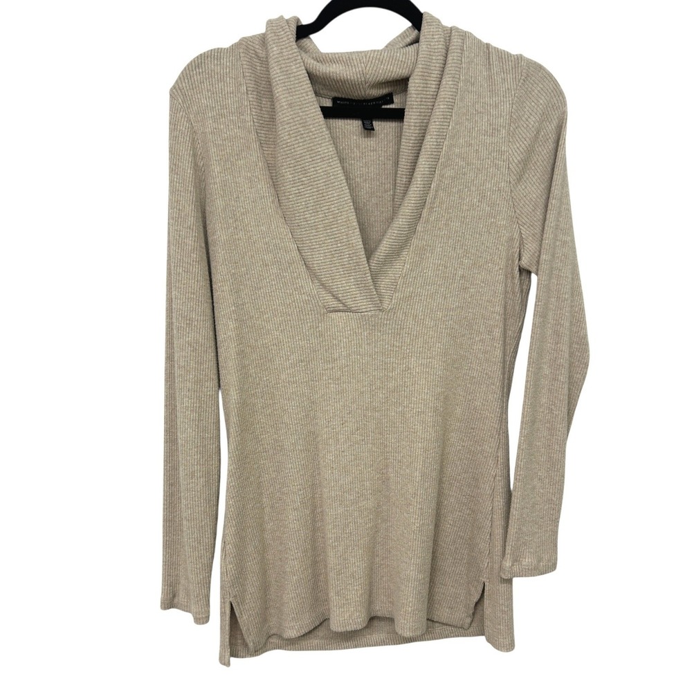 Ribbed Deep V Cowlneck Top S Beige Long Sleeve Minimalist Cozy Neutral Capsule‎